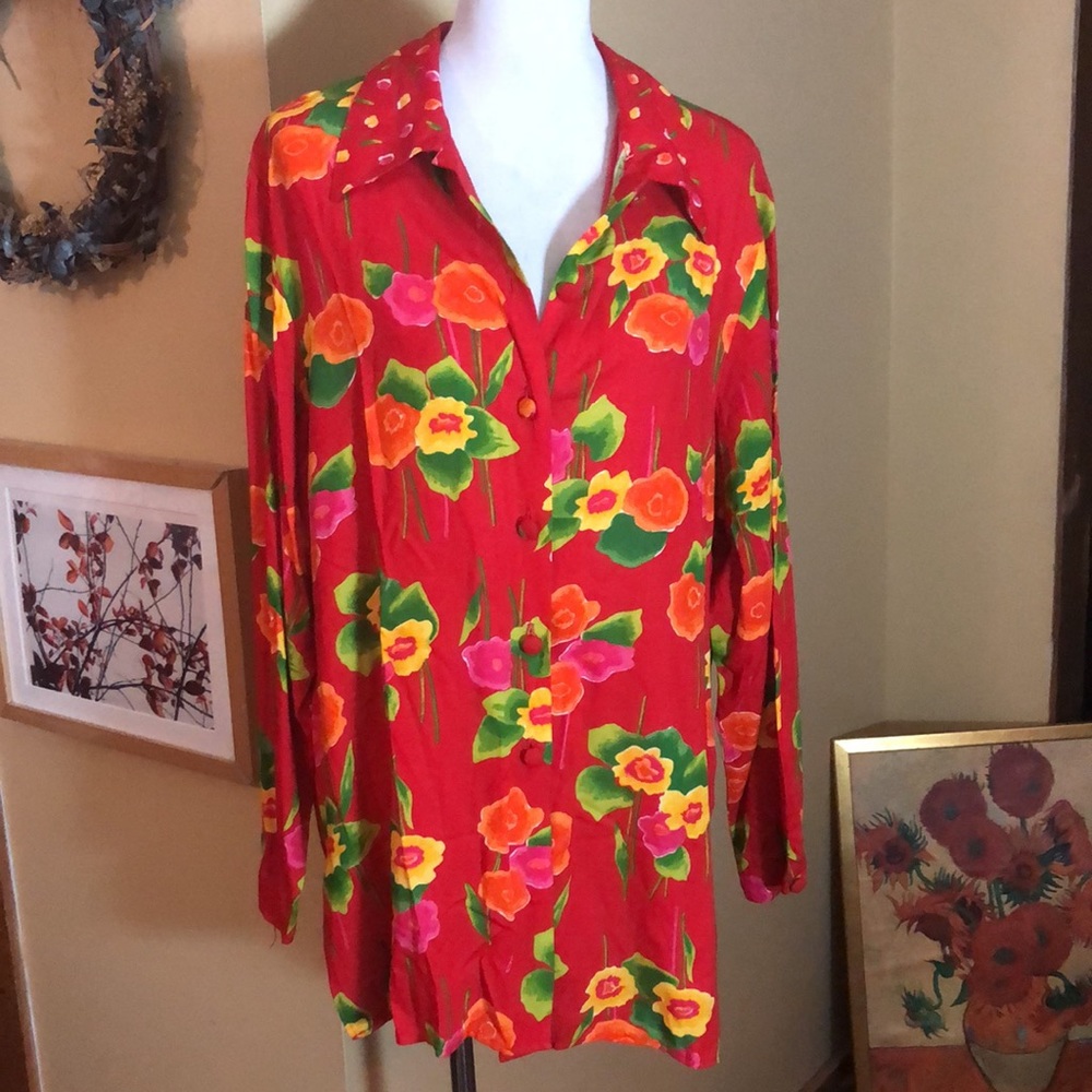 Vtg Y2K WEAR ON EARTH Size 1X Hawaiian Floral Vivid Colorful Print 
Button Front